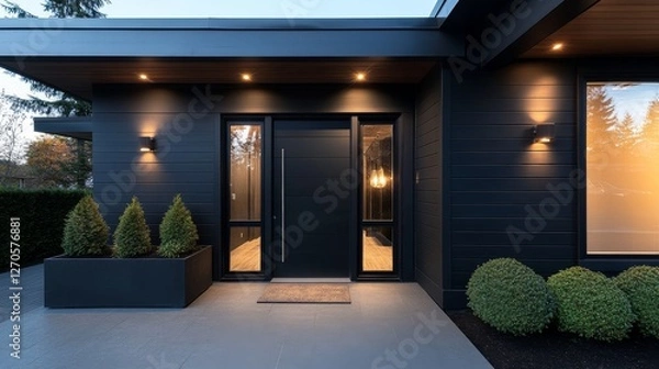 Obraz Front-facing view of a sleek farmhouse entrance featuring a minimalist door, lush planters, and soft glowing lights, creating a welcoming twilight atmosphere