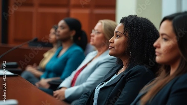 Obraz In a bustling courtroom, diverse jurors sit attentively, their faces showing focus and seriousness as they engage in the trial process and assess the case