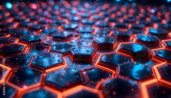 Fototapeta Futuristic Hexagonal Grid with Glowing Neon Edges