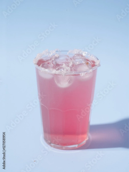 Fototapeta Refreshing pink lemonade in clear glass with ice on light blue background