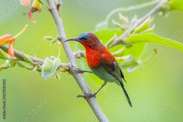 Fototapeta The Crimson Sunbird on a branch in nature