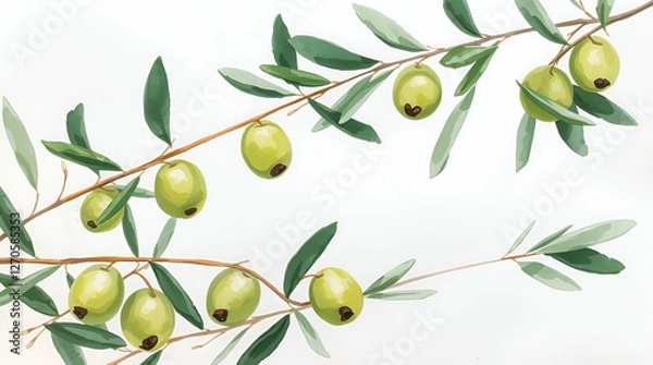 Fototapeta Background olive branch on a green background. green olives. olive oil. green banner. copy space. generative ai 
