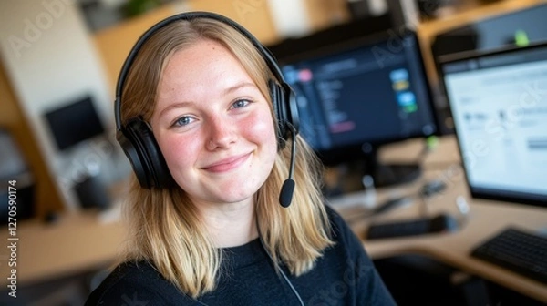 Fototapeta A confident female customer service representative listens attentively, smiling with a headset in a modern office, surrounded by softly blurred computer monitors