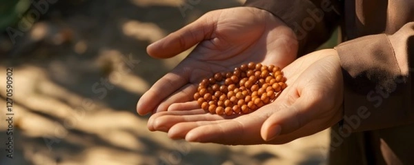 Fototapeta Hands gently cradle a string of wooden prayer beads