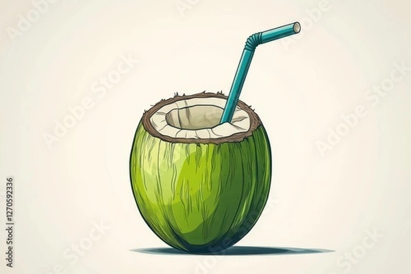 Fototapeta Refreshing coconut drink prepared with a straw on a light background for tropical enjoyment