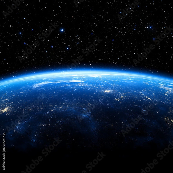 Fototapeta Earths Horizon and Starry Space Backdrop View From Orbit in Outer Cosmos Depicts Global Perspective