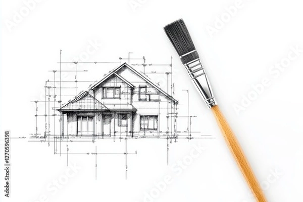 Fototapeta Architectural sketch of a house paired with an artist's brush for a creative home design concept