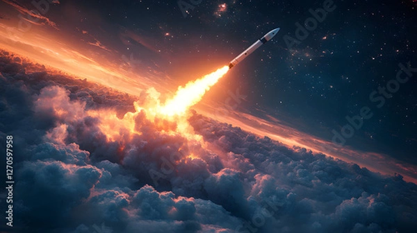 Fototapeta A rocket is flying through the sky, leaving a trail of smoke behind it