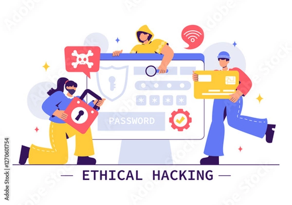 Fototapeta Ethical Hacking Illustration featuring a Developer Practicing Hacking on a Web Application, Identifying Code Vulnerabilities to Improve Cybersecurity