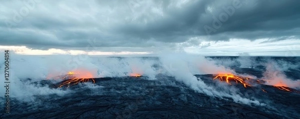 Fototapeta Volcanic landscapes concept. Stunning view of volcanic activity with smoke and glowing lava under a dramatic sky.