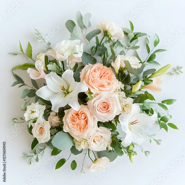 Fototapeta A delicate flatlay of a pastel flower bouquet with roses, lilies, and greenery, arranged elegantly on a white background