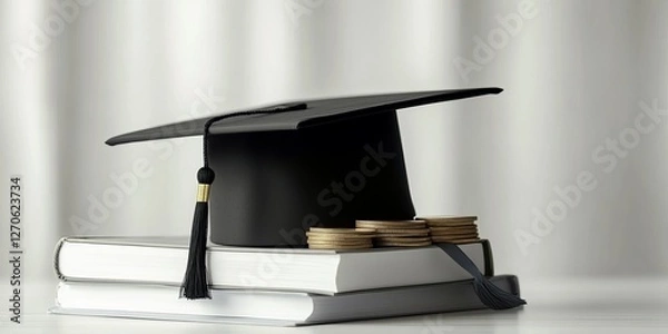 Fototapeta Graduation cap resting atop stacked coins, symbolizing the value and investment of education. This conceptual image represents knowledge, academic success, student loans, and the cost of higher educat
