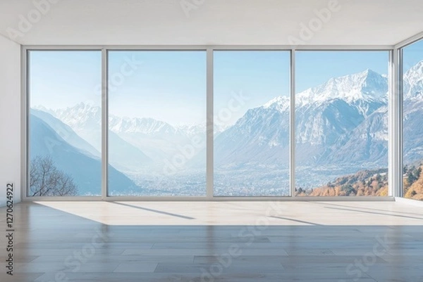 Fototapeta A large, open concrete space with tall glass windows overlooking trees and grass. Sunlight shines through the windows