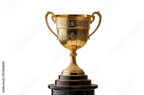 Fototapeta Majestic Gold Trophy Cup with Intricate Etchings on a Polished Black Pedestal, Radiating Excellence and Luxury with a Metallic Glow Against a white Background copy space