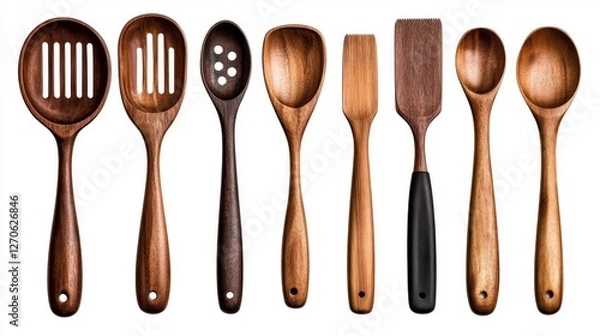 Fototapeta Set of wooden cooking utensils isolated on white background. Generative AI