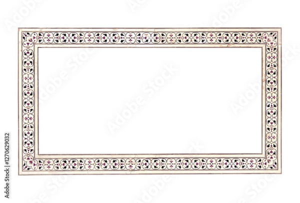 Fototapeta Frame with ancient carved floral decor on marble wall. Vertical or horizontal border with floral ornament. Mock up frame template. Copy space for text. Isolated on white background