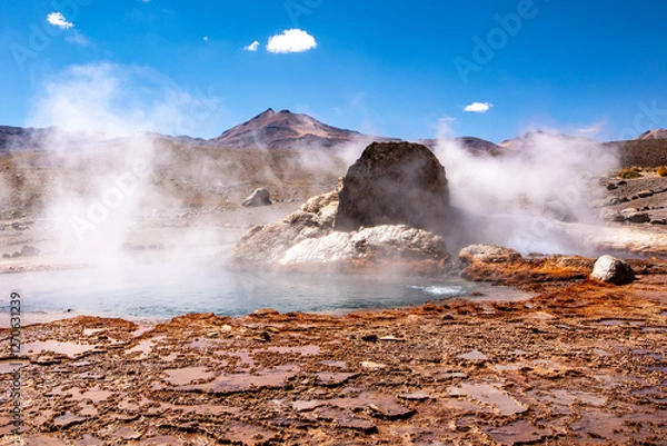 Fototapeta Tatio Geyser, Atacama Desert, Chile. Geyser steam in the desert.