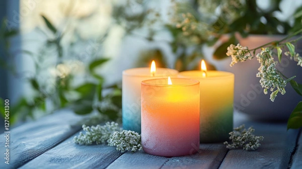 Fototapeta Colorful candles create a calming atmosphere on a wooden table with greenery