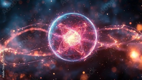 Fototapeta Brightly glowing atom with rotating particles in digital space. Generative AI