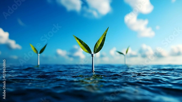 Fototapeta Three Young Plants Emerging from the Ocean Under Blue Sky with Fluffy Clouds