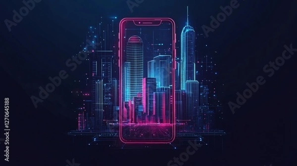 Fototapeta Smart City Services Accessible on Smartphone with Futuristic Interface