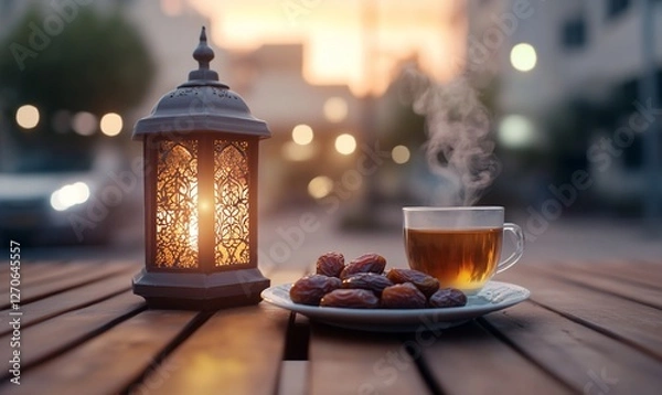Fototapeta Sunset Ramadan tea, dates, lantern
