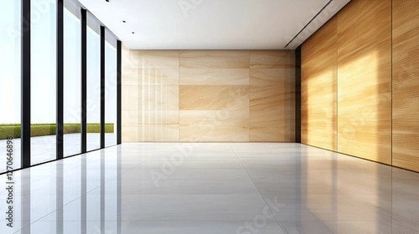 Fototapeta Modern empty office, sunlit, city view, design