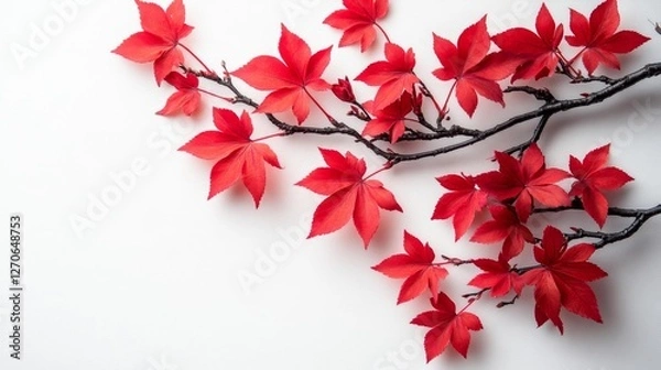 Fototapeta Red autumn leaves on a white isolated background with branch details. Generative AI