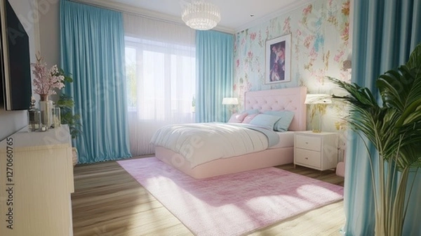 Fototapeta A stylish bedroom with a pastel pink rug and blue curtains, creating a cozy atmosphere