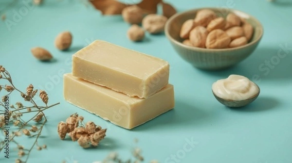 Obraz Delicate shea butter soap bars rest beside creamy shea lotion and almond pieces, surrounded by dried florals, evoking a serene and vibrant atmosphere perfect for skincare enthusiasts