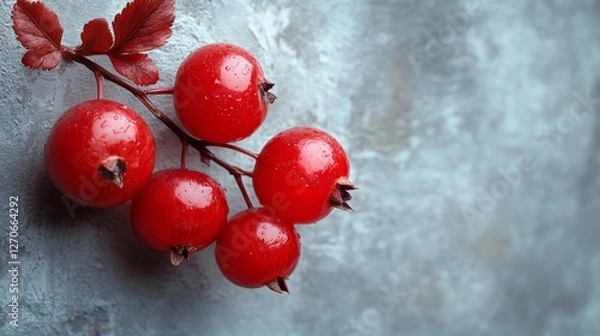 Fototapeta Bright red hawthorn berries with water droplets on a grey background. Generative AI