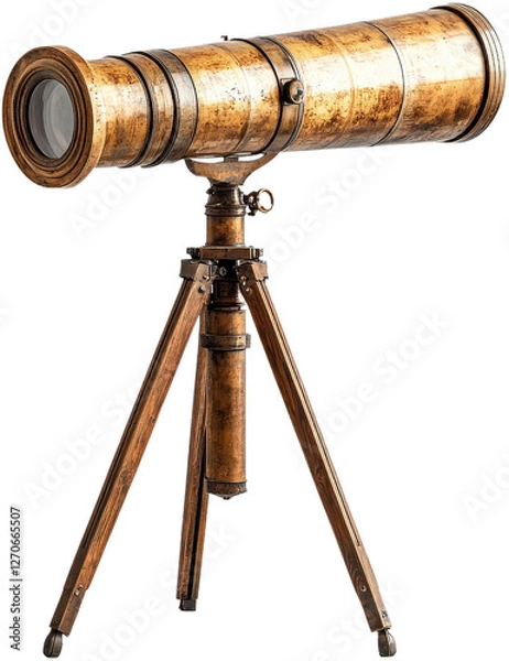 Fototapeta Antique telescope on wooden tripod, isolated view