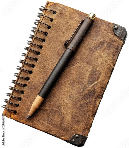 Obraz Brown leather notebook with pen on white background