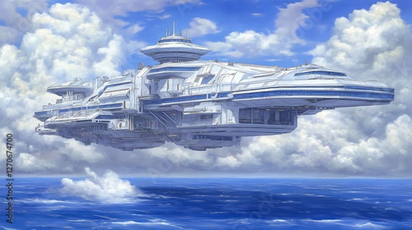 Fototapeta Futuristic Flying Palace in the Sky A Vision of Tomorrow Above the Ocean with Clouds Scenery