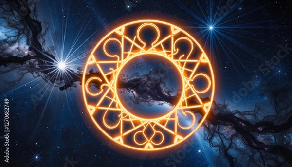 Fototapeta Intricate glowing sigils pulsating with cosmic energy in space, esoteric symbolism