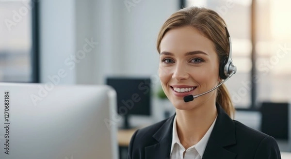 Fototapeta Call center advice, smile and portrait of woman for customer support, online service and consulting