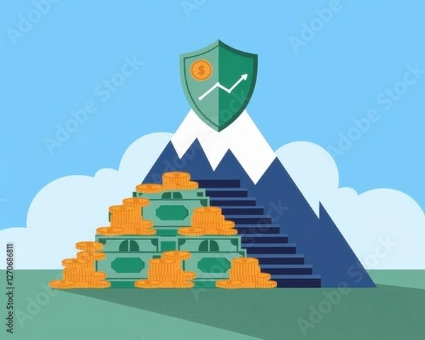 Fototapeta Financial prevention tools concepts. Conceptual illustration of wealth protection with money stacks and a shield on a mountain.