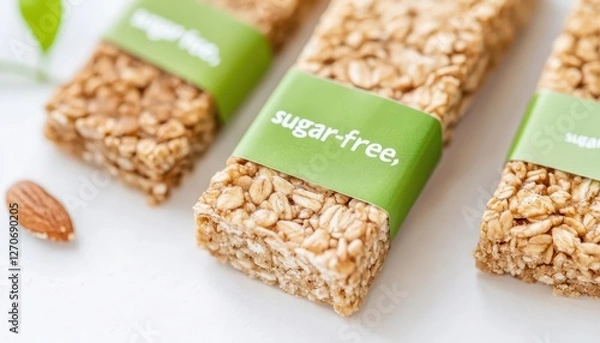 Obraz Healthy granola bars labeled as sugar-free, featuring sorbitol as a natural sweetener, arranged in eco-friendly packaging