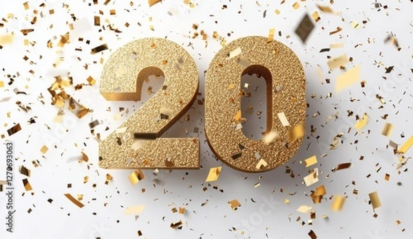 Fototapeta Golden Number Twenty with Sparkling Confetti on a White Background Celebrating Milestone, Anniversary, or Birthday Festivity