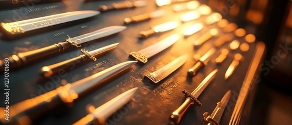 Obraz Collector s Showcase of Gleaming Medieval Weapons and Armor with Detailed Plaques