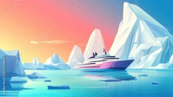 Fototapeta Boat sailing near an iceberg in the ocean with fog and sunset in the background