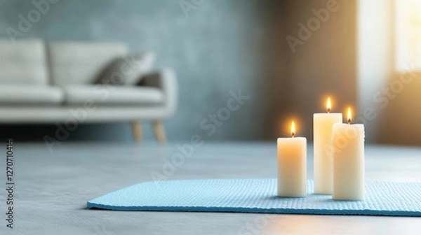 Fototapeta Warm Glowing Candles on Soft Mat Creating a Cozy Atmosphere with Stylish Sofa in Background Inviting Relaxation and Tranquility at Home