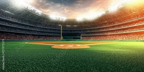 Obraz Vast Baseball Field Under Dramatic Sky at Sunset in a Stadium