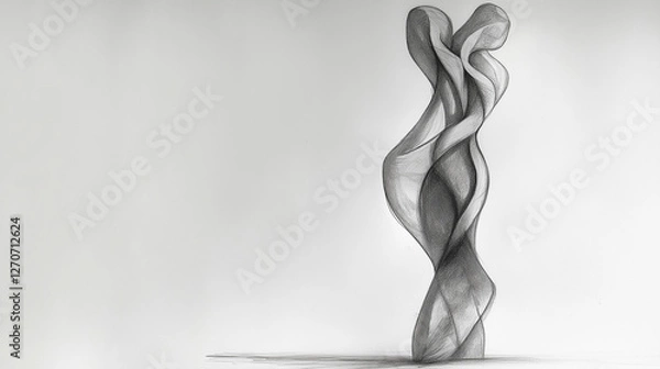 Fototapeta Abstract pencil drawing of an abstract sculpture, a tall and slender figure made from intertwined lines that form the shape of two people embracing each other in profile view