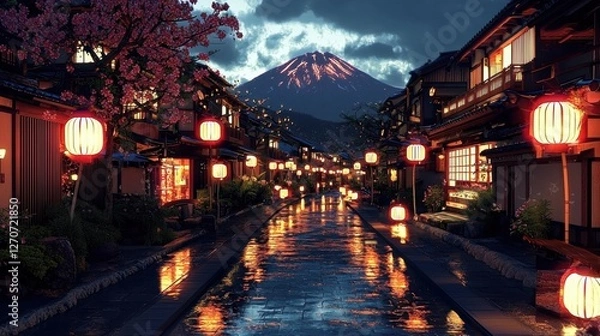 Obraz Hyper-realistic 3D Mount Fuji, glowing with cherry blossoms in full bloom.