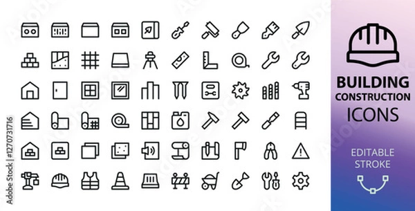 Fototapeta Construction UI line icons. Set of construction materials and tools vector symbol with editable stroke.