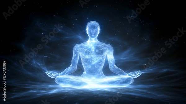 Obraz Illuminated Serenity Figure in Lotus Position Against a Starry Cosmic Backdrop of Deep Meditation