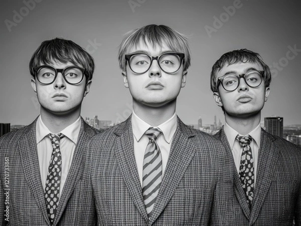 Fototapeta Three young men stand in matching checkered suits and oversized glasses, exuding a retro vibe. Their serious expressions and city backdrop enhance the cool, vintage aesthetic of the portrait.