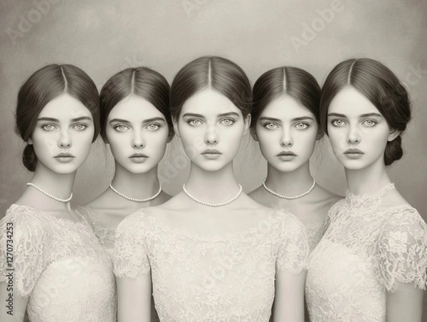 Fototapeta A striking image of five identical women with porcelain skin, wearing lace dresses and pearls. Their soft expressions, intricate hairstyles, and intense gaze create a surreal, dreamlike atmosphere
