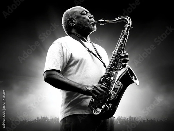 Fototapeta A saxophonist plays soulfully on stage, eyes closed, with intense focus. A spotlight highlights his performance, surrounded by a cheering crowd in the background, creating an emotional atmosphere.